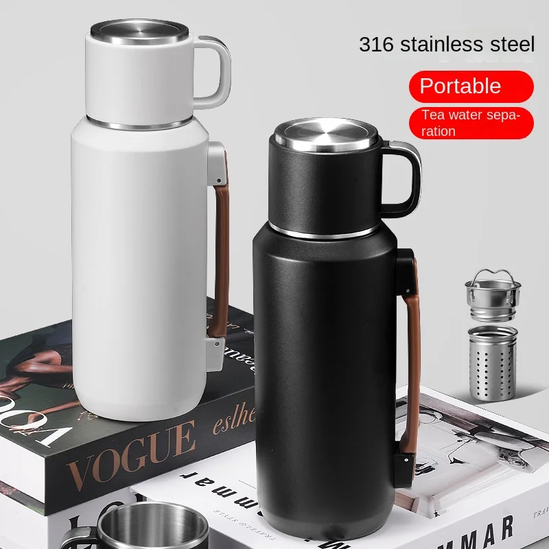 

Large capacity stainless steel thermos bottle, tea water separation vacuum flask, outdoor portable water bottle