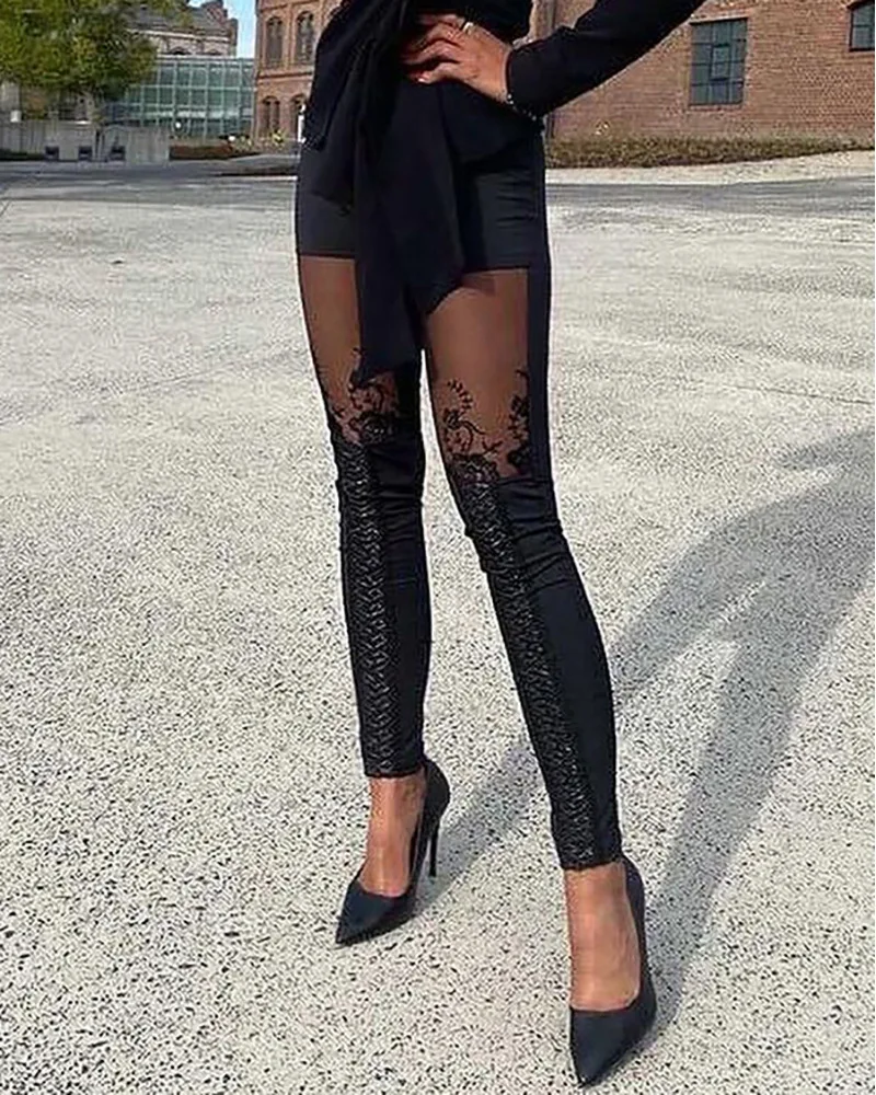 Spring Autumn Pants Women Sexy Sheer Mesh Lace Embroidery Patch Skinny Pants