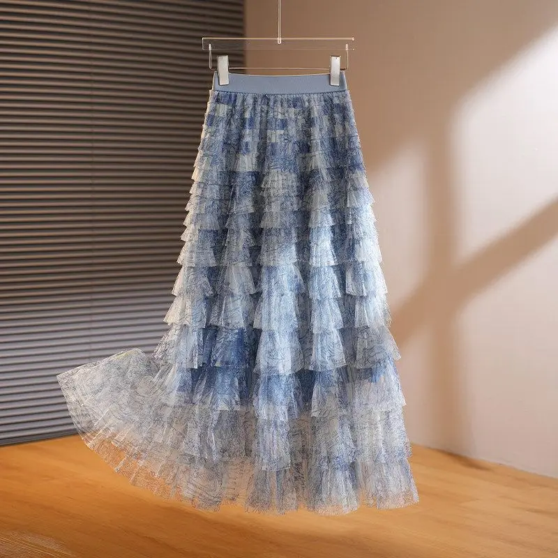 Blue mesh cake skirt women's 2026 summer new age-reducing French retro super fairy medium and long a-shaped skirt