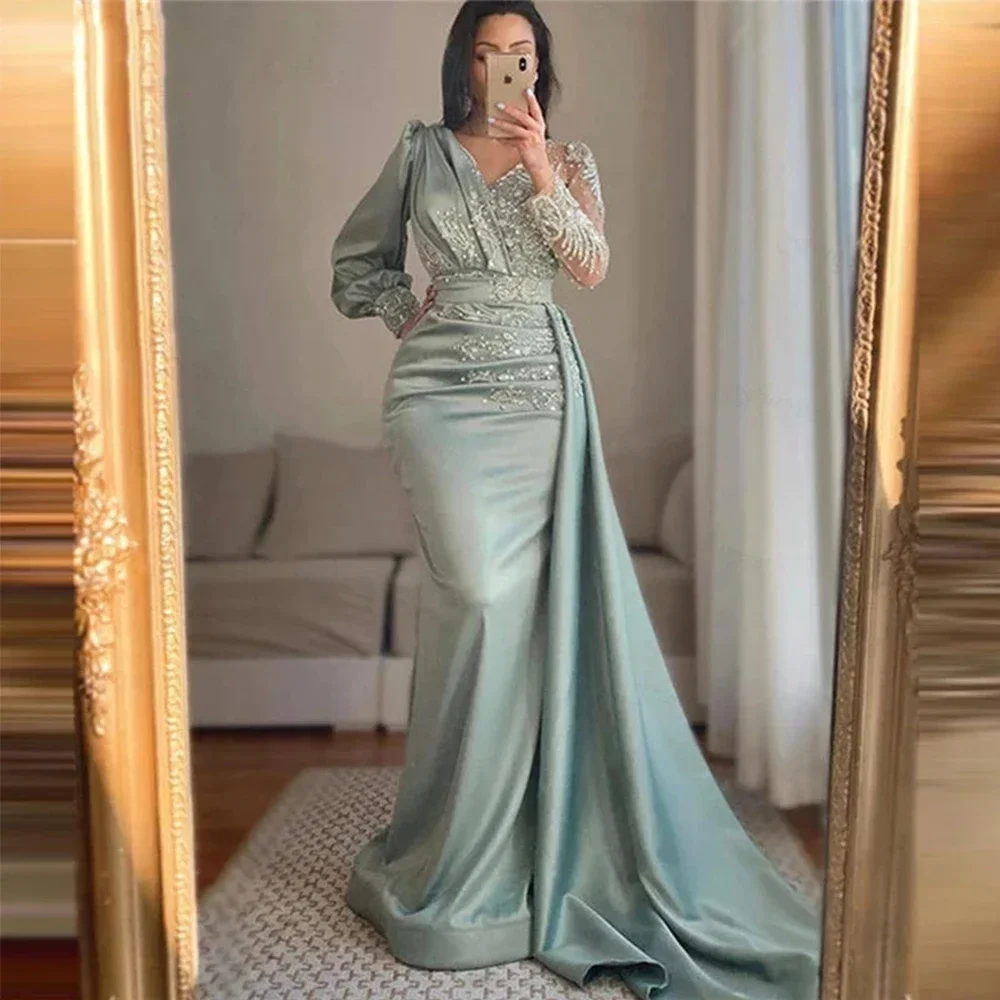 

Beautiful V-neck Long Sleeves Sexy Mermaid Evening Dresses 2023 Women Formal Party Night Gala Lace Appliques Elegant Prom Gowns