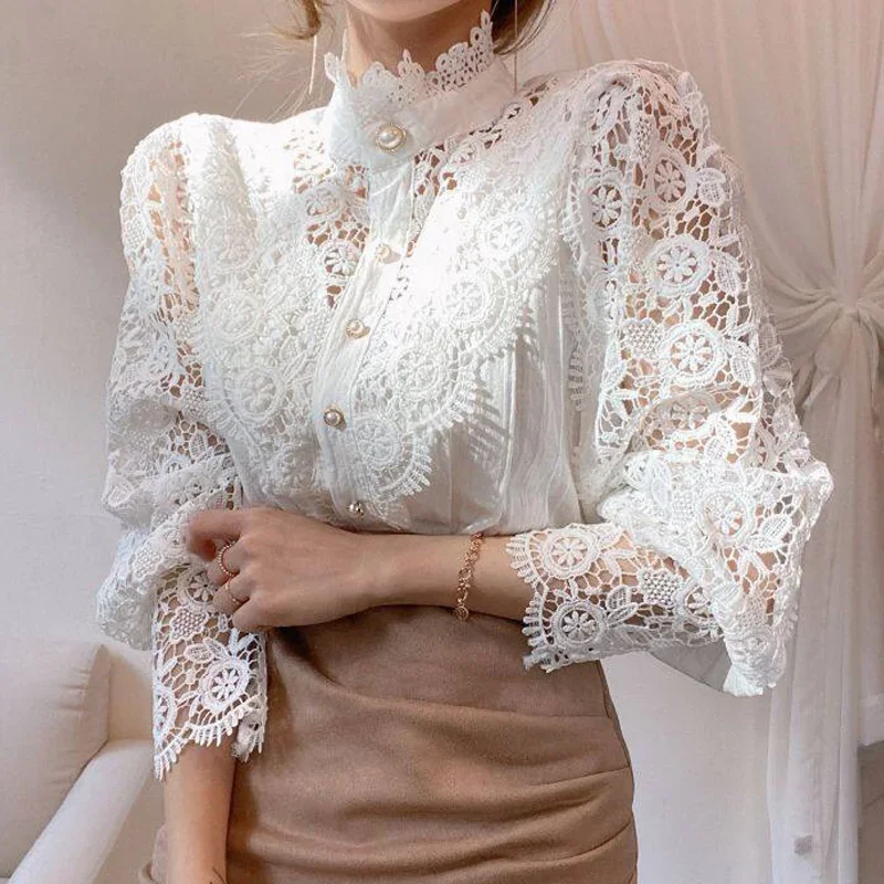 2024 Korean New Vintage White Lace Blouse Shirts Women Button Loose Shirt Tops Female Hollow Casual Ladies Blouses Blusas 12419