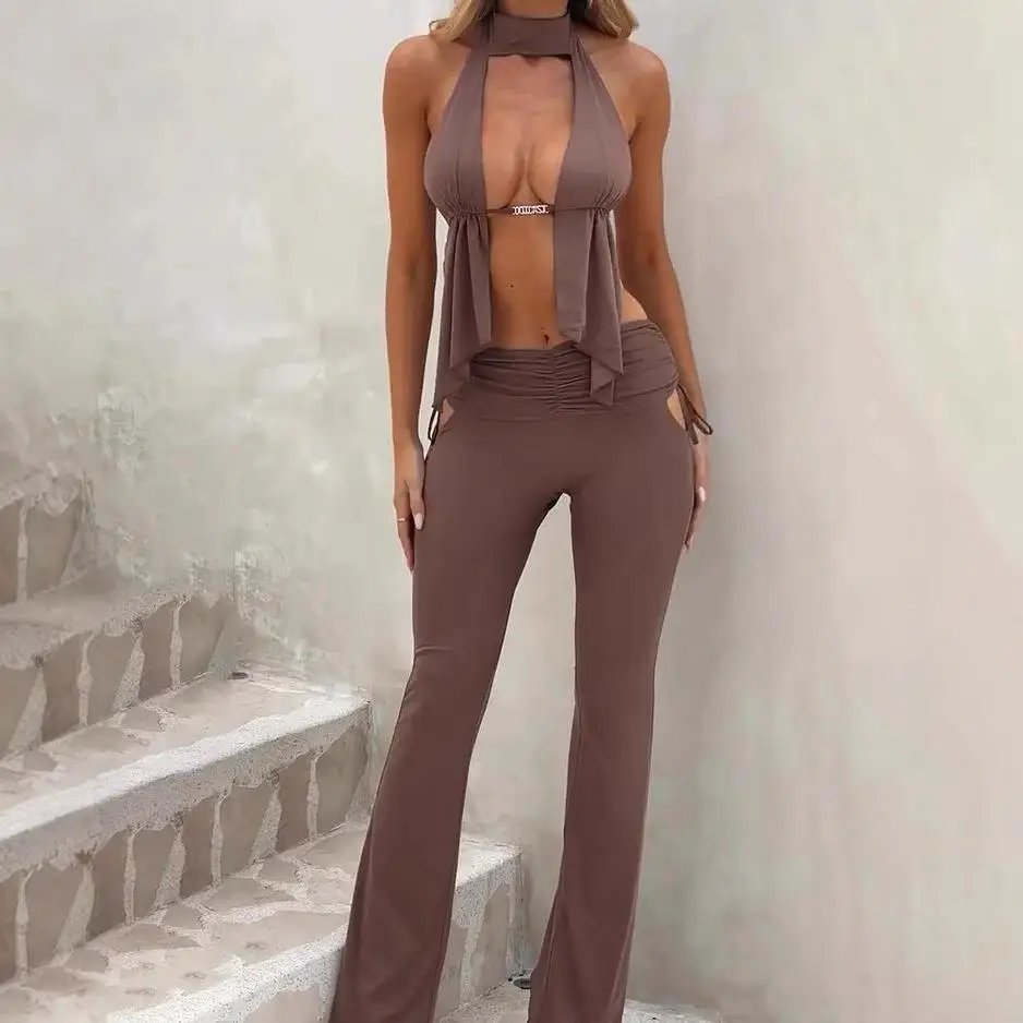 Set da donna sexy slim fit in puro colore MLKSSJ 2025 Pantaloni casual in tessuto PVC a vita medio-bassa transfrontaliera per donne di mezza età