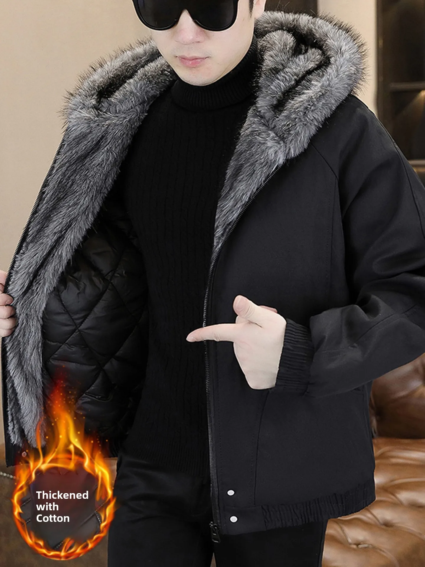 

Trendy Thiened Cotton Padded Hooded Parka Coat Men's Winter New Sle Warmth Fur Collar Jaet Stand Fit Outdoor Youth