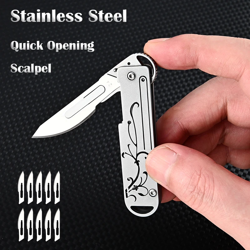 Stainless Steel Quick-opening Folding Knife Utility Knife Mini Folding Keychain Scalpel EDC Courier Opening Knifves 10 Blades