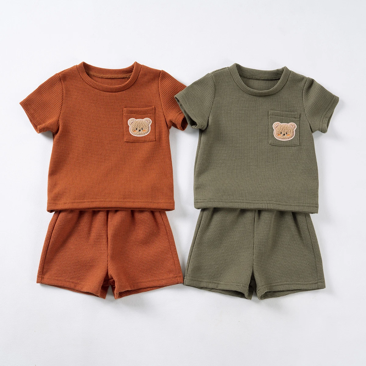 

Summer Baby Waffle Short Sleeve Set Cute Bear Pocket T-Shirt Solid Color Shorts Casual Two Piece Set 0-2Y Baby Boy Clothes