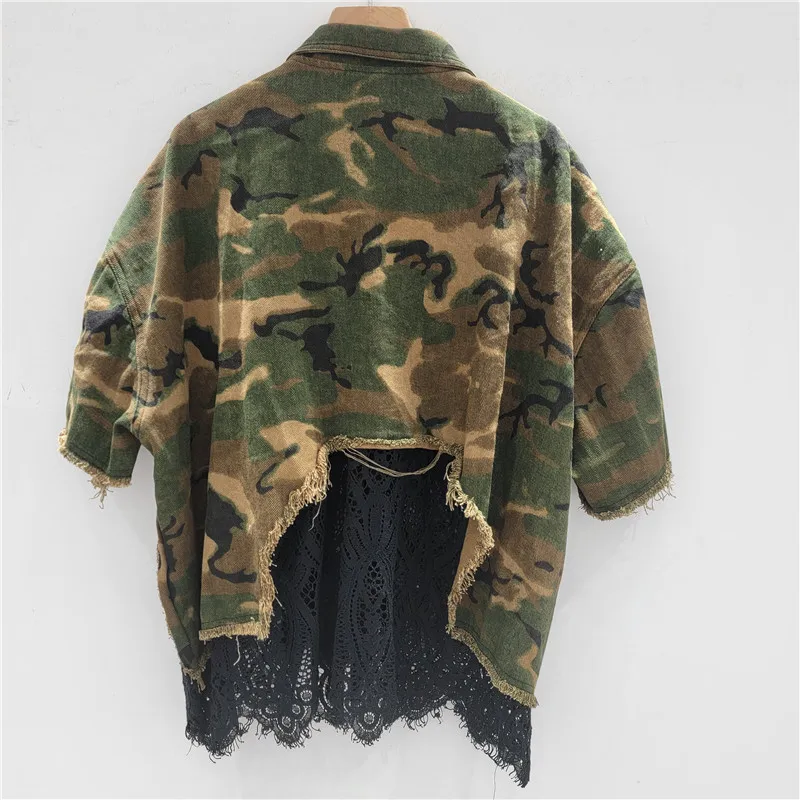 Distressed Camouflage Stitching Lace Patch Distressed Post-Apocalyptic Fashion Wasteland Style Women's Blouse Short Sleeve