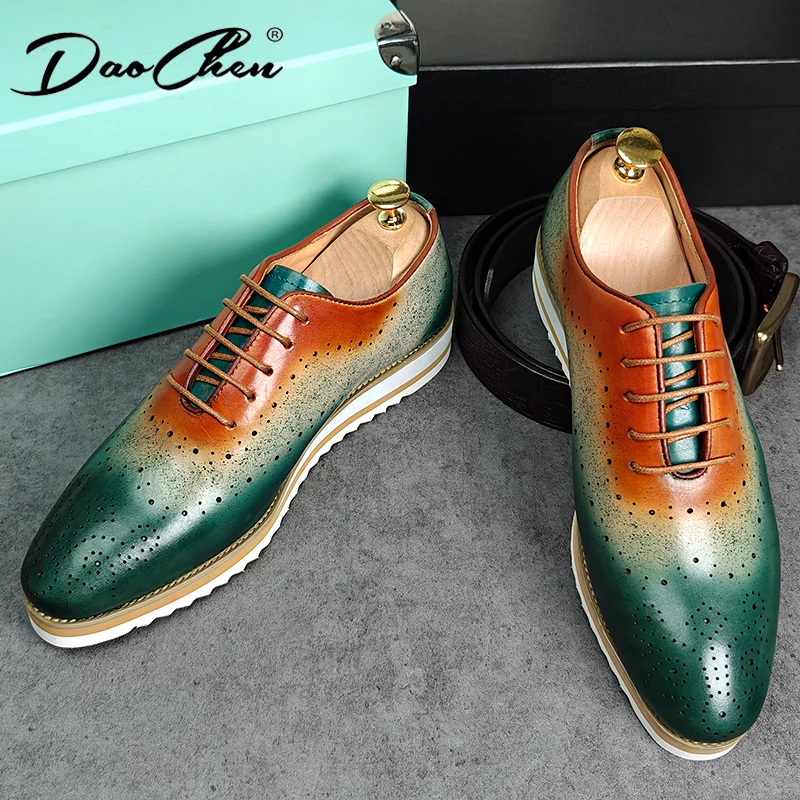 Luxury Brand Men Leather Shoes Green Blue Lace up Casual Dress Man Shoes Comfortable Sports Outdoor Daily shoes for men