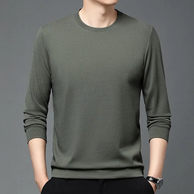 Men Long Sleeve T-Shirt Autumn Simplicity Solid Color O-neck Pullover Top Tee Men's Clothing All-match Loose Interior Lapping