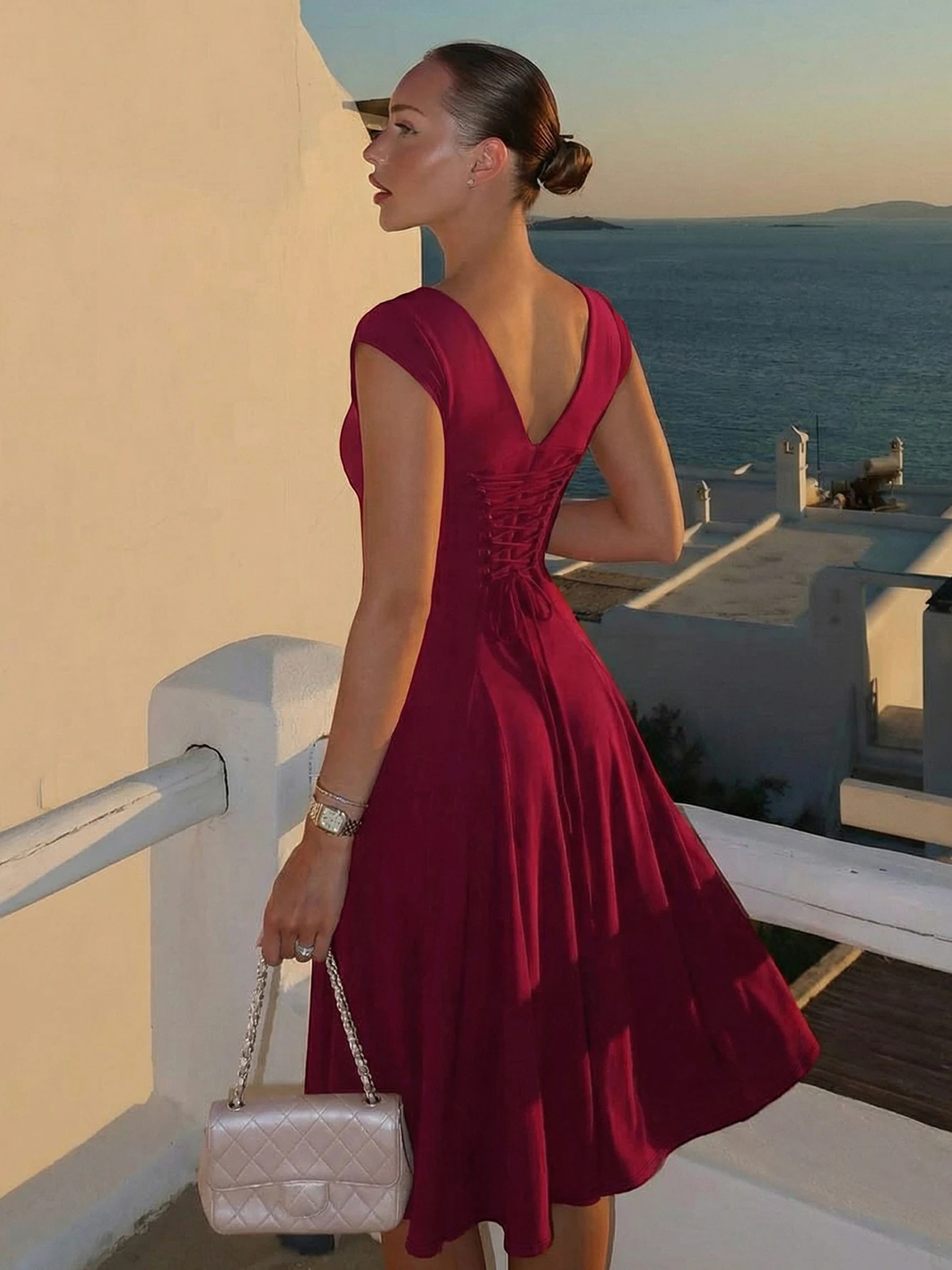 Hugcitar Elegant Square Collar Straps Solid Backless Pleated Sexy Slim Maxi Dress Summer Women Clothes Birthday Party Vacation
