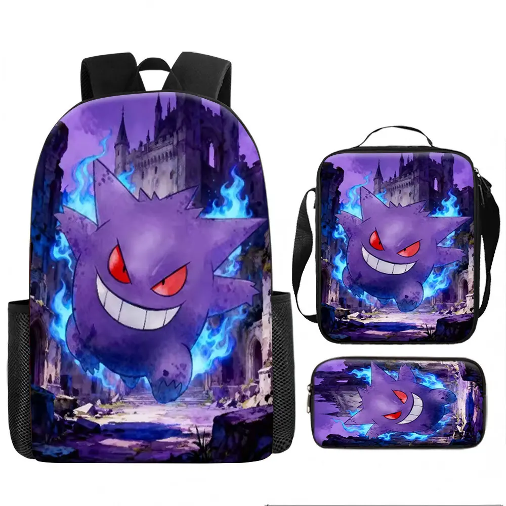 Kindertasche, Pokémon, Gengar, 3-teiliges Rucksack-Set, Halloween-Geisterschloss-Druck, Canvas-Schultasche mit Lunch-Tasche und Stiftetui für Jungen