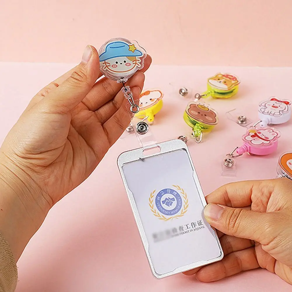 Student Easy To Pull Badge Holder Clips Cute Colors Name Card Retractable Badge Reel Acrylic Cartoon ID Card Holder Work Card