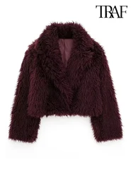 TRAF Women's Fashion Burgundy V-neck Faux Fur Split Lapel Long Sleeve Coat Warm and Thickened Vintage Street Chic Temperament