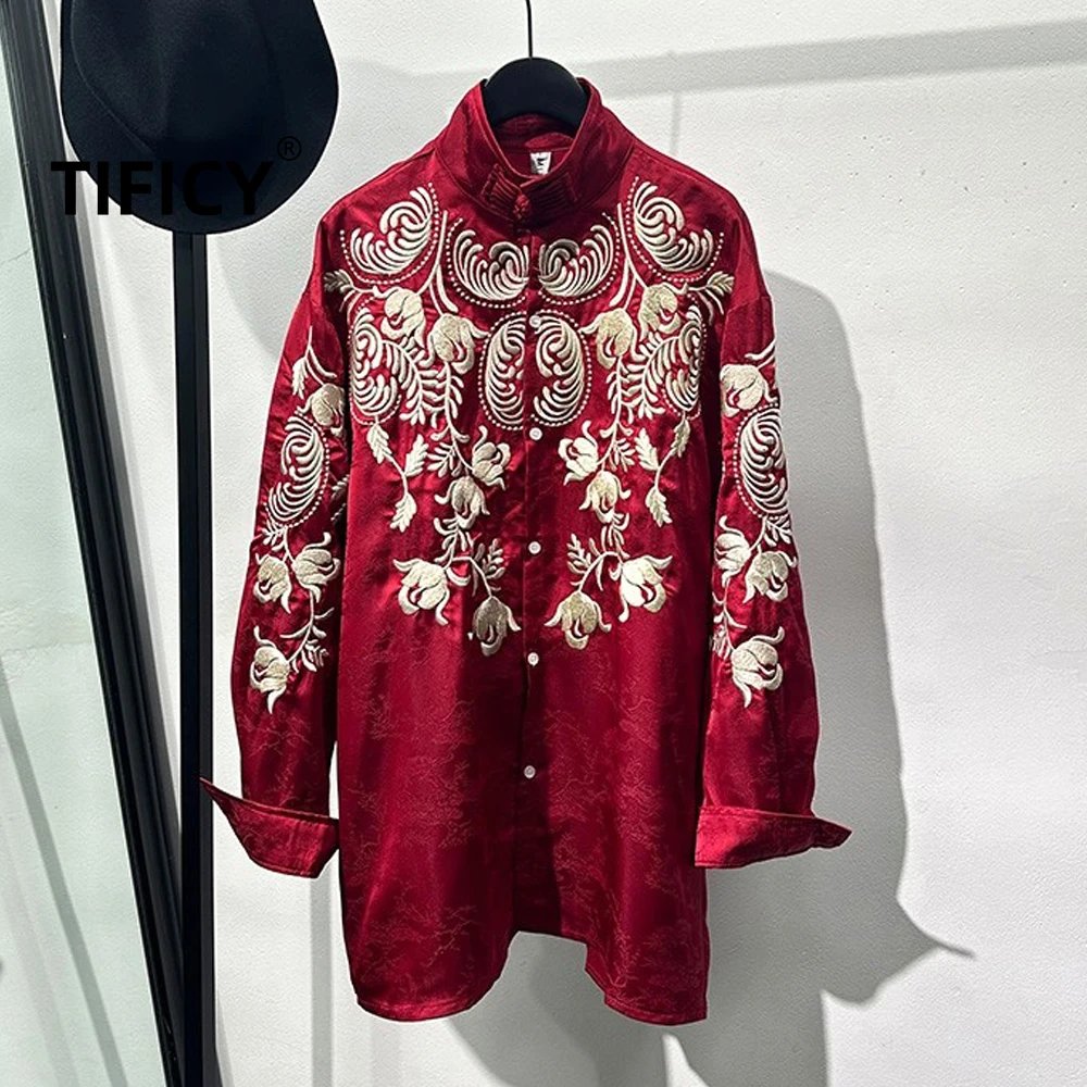 Heavy Industry Flower Embroidery Design Sense Stand Up Collar Loose Shirt Men's Chinese Style Retro Red Long Sleeve Shirts Top