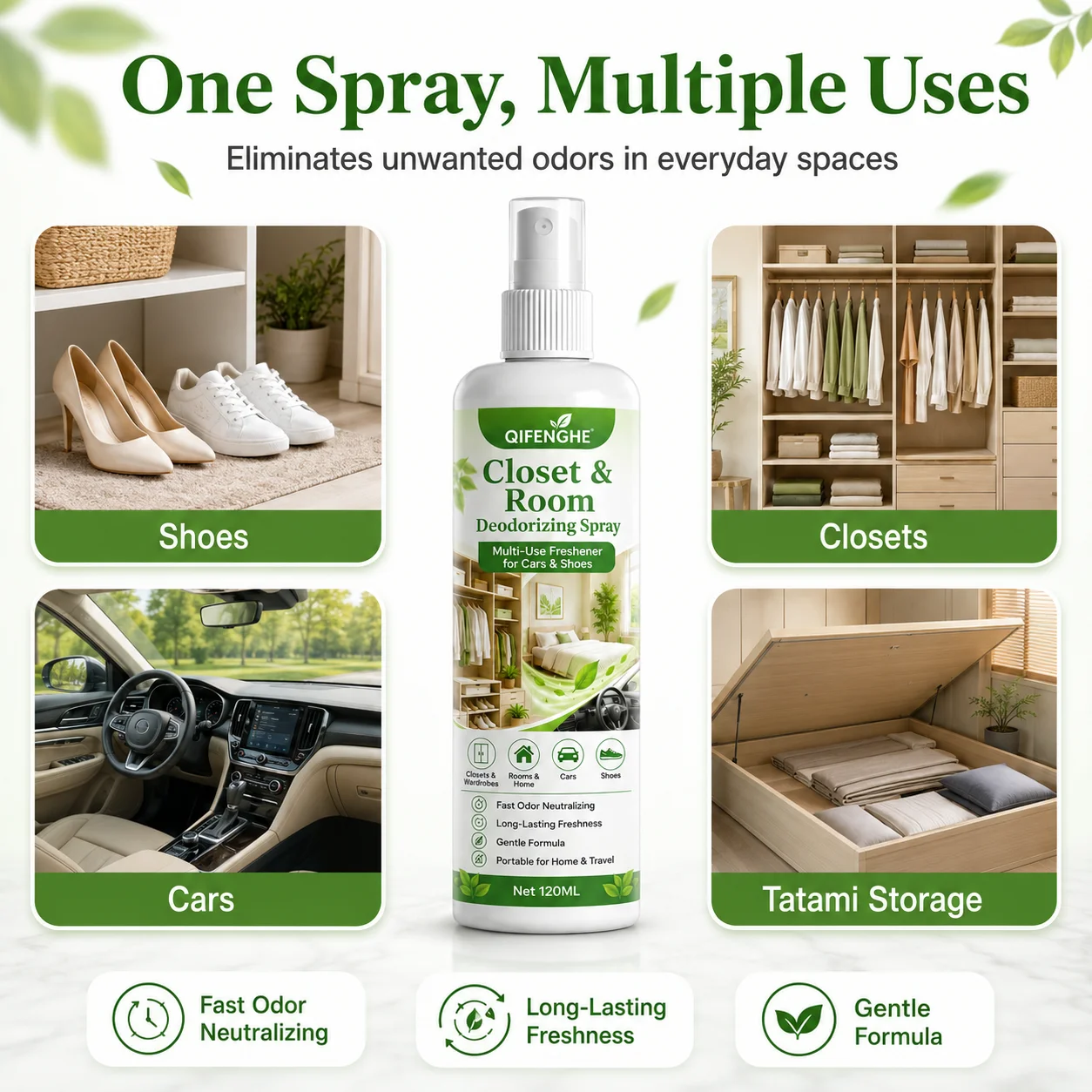 QIFENGHE 120ml Shoe Deodorant Spray, Strong Odor Neutralizer, Removes Foot Sweat Smell Instantly, Mild and Safe, Use on All Shoe