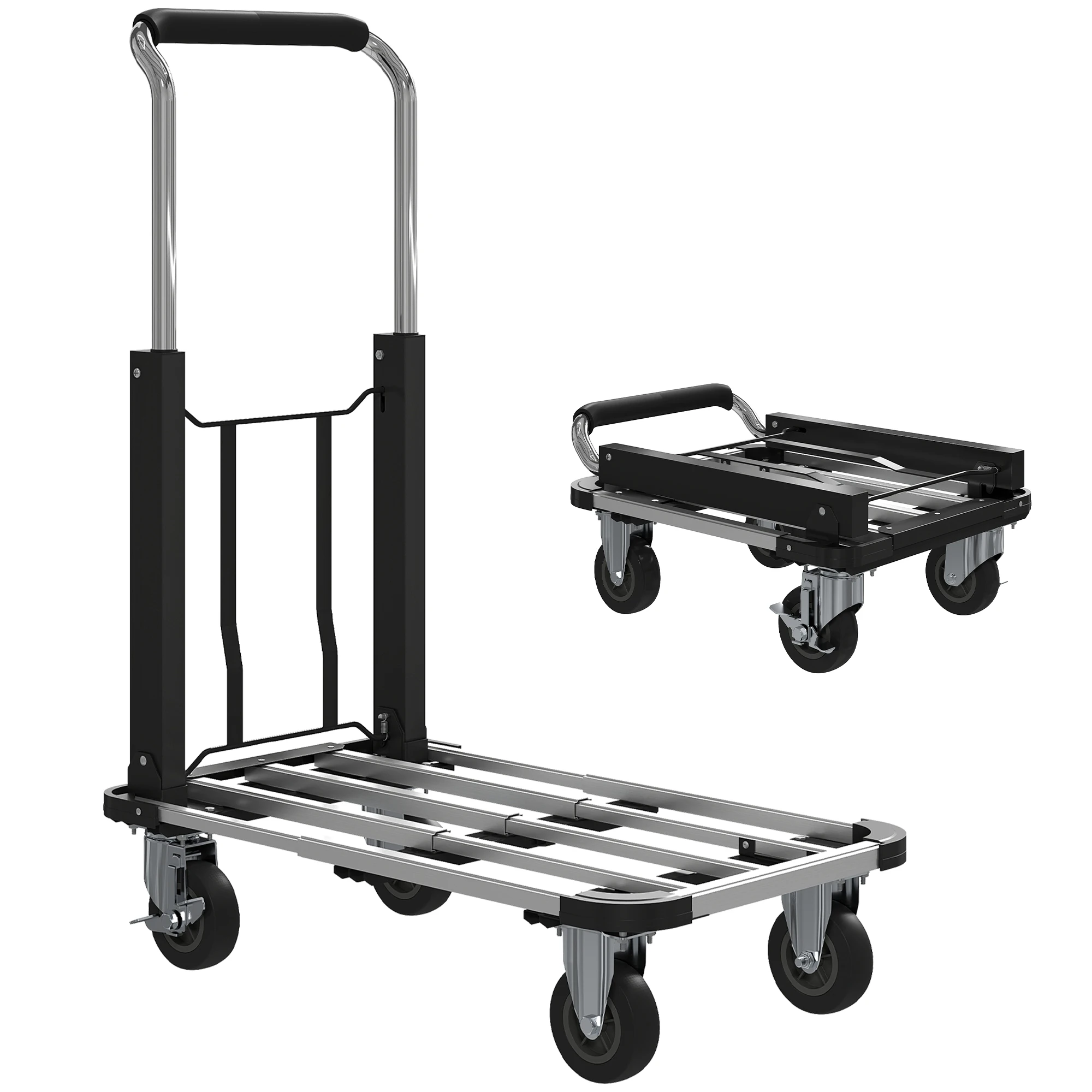Homcom Carrello a mano pieghevole in alluminio carico 150 kg con ruote Maniglia regolabile e piattaforma allungabile Argento e nero