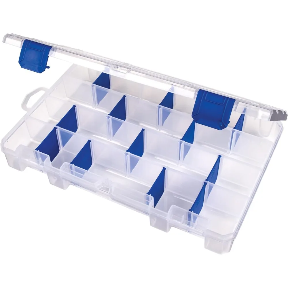 

Tackle box, including 12 dividers, 24 compartments, and a transparent bait storage box - 11 inches x 7.25 inches x 1.75 inches.