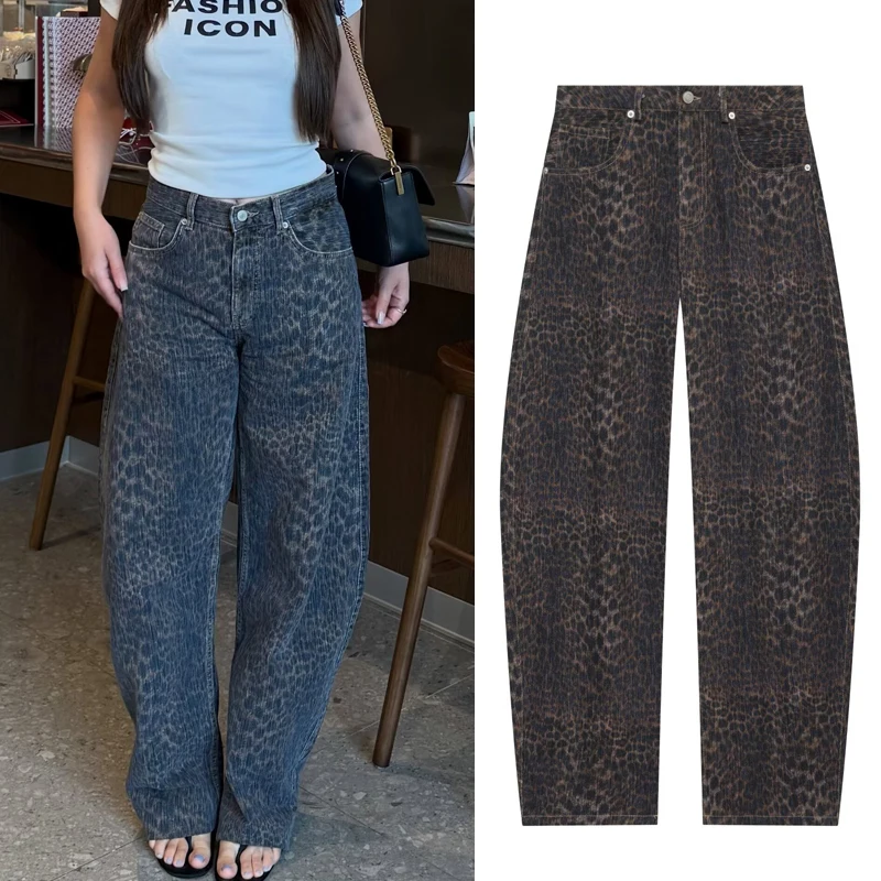 Damenhose mit Leopardenmuster, Damenjeans mit mittlerer Bundhöhe, braune, Vintage-Jeans mit weitem Bein für Damen, lässige Jeanshose, Streetwear. – Detail 3