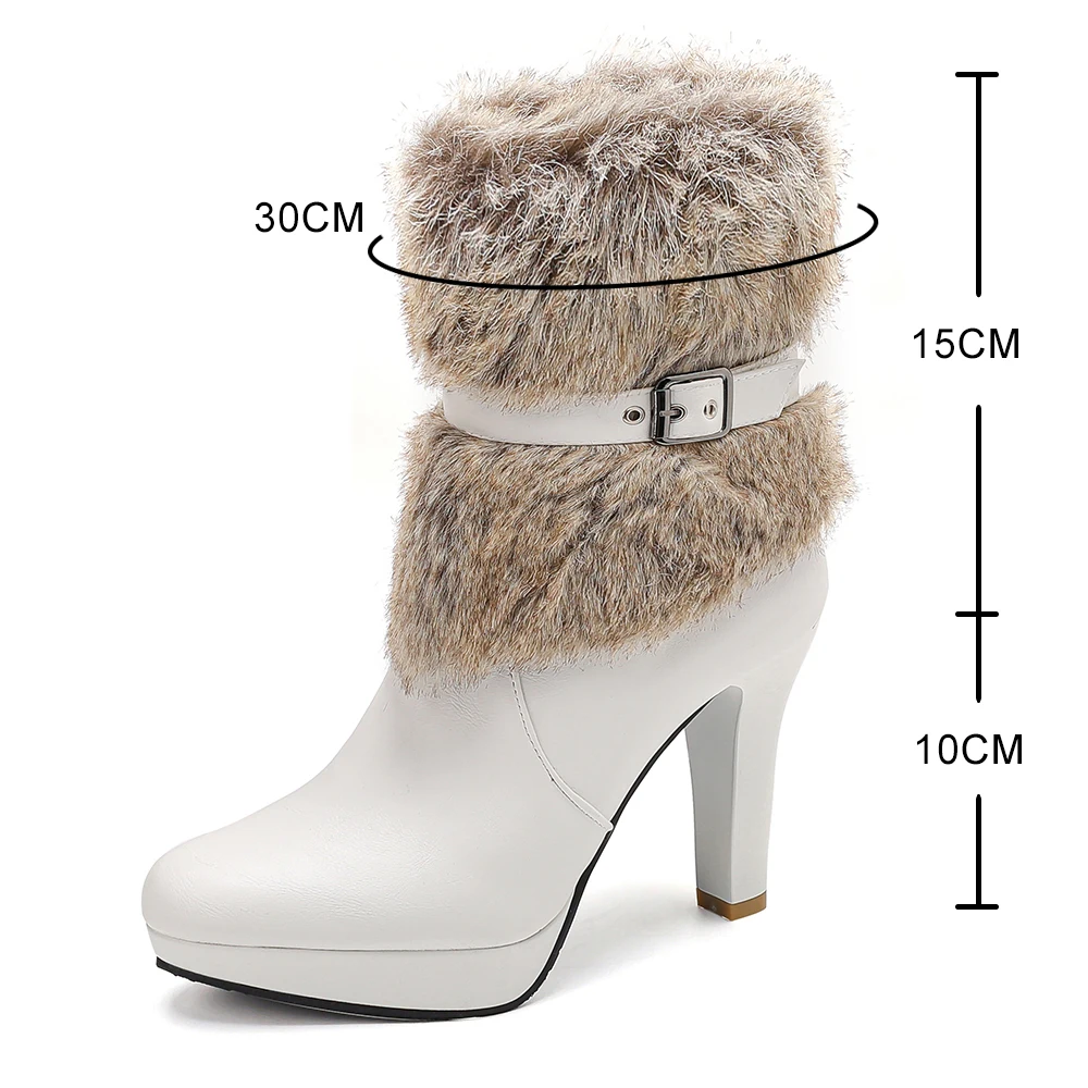 Luxury Style Women Fur Ankle Boots High Heels Platform Motorcycle Boots Zipper Black White Red Booties Shoes Female 32 33