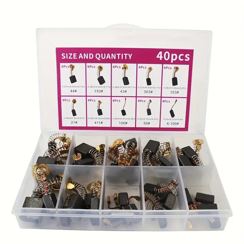 40Pcs Carbon Brush Set, 10 Different Models, 4Pcs of Each Model, Suitable for Repair of Electric Tools Such as Electric Drills and Angle Grinders