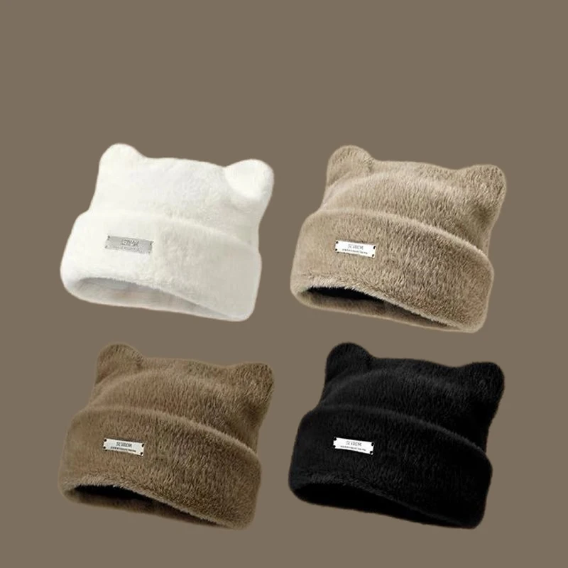 Cat Ears Hat Womens Pullover Cap Soft Woolen Plush Cap Cute Beanies Bonnet Gift Womens Winter Knit Slouchy Warm Soft Hats Black