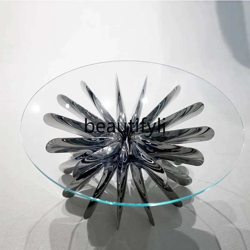 

Italian light luxury tempered glass coffee table high-end creative stainless steel tea table