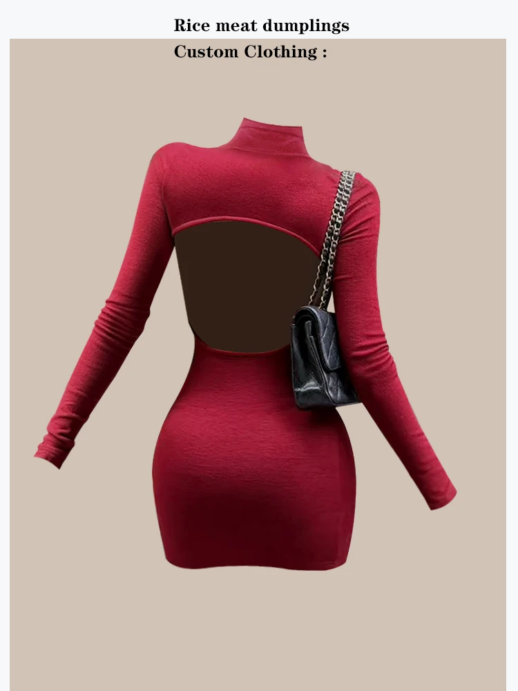 

Retro Style Fleece-lined Sexy Backless High-neck Dress Women's Autumn Winter Cotton Knitted Bodycon Skirt Dress for Date
