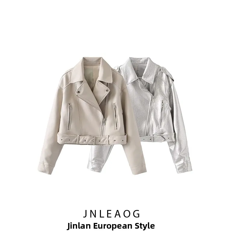 Cappotto ort da donna Jaet in pelle da motociclista Faionable Autunno New Sle JNLEAOG French Sle Loose Fit con cerniera in poliestere