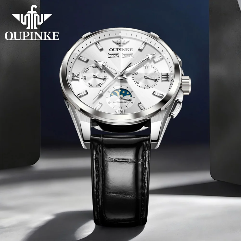 OUPINKE 3325 Men Watch Moon Phase Date Subdial Dialy Waterproof Diamond Shaped Mirror Stainless Steel Luminous Watch For Men