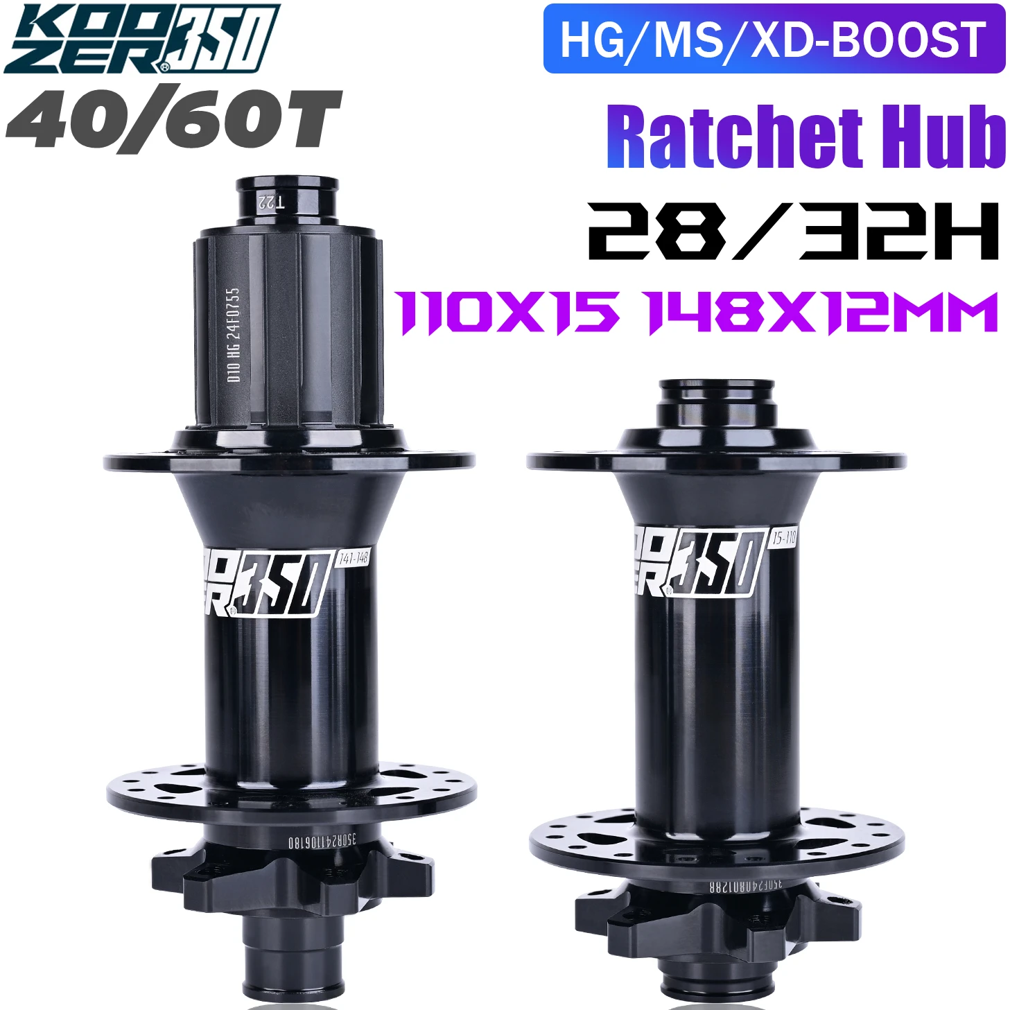 

KOOZER 350 MTB Boost Hub Set | 40T/60T Star Ratchet | 28/32H | 8–12 Speed | Cr-Mo Axle | Upgrade Bike Hub for Mountain Bicycle