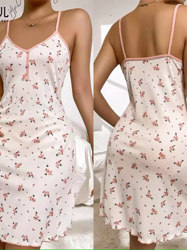 2024 Summer Sweet New Pajama Strap Printed Sexy Medium Long Women's Sleeping Comfortable Home Clothes Dress Elegant Sweet NC7M