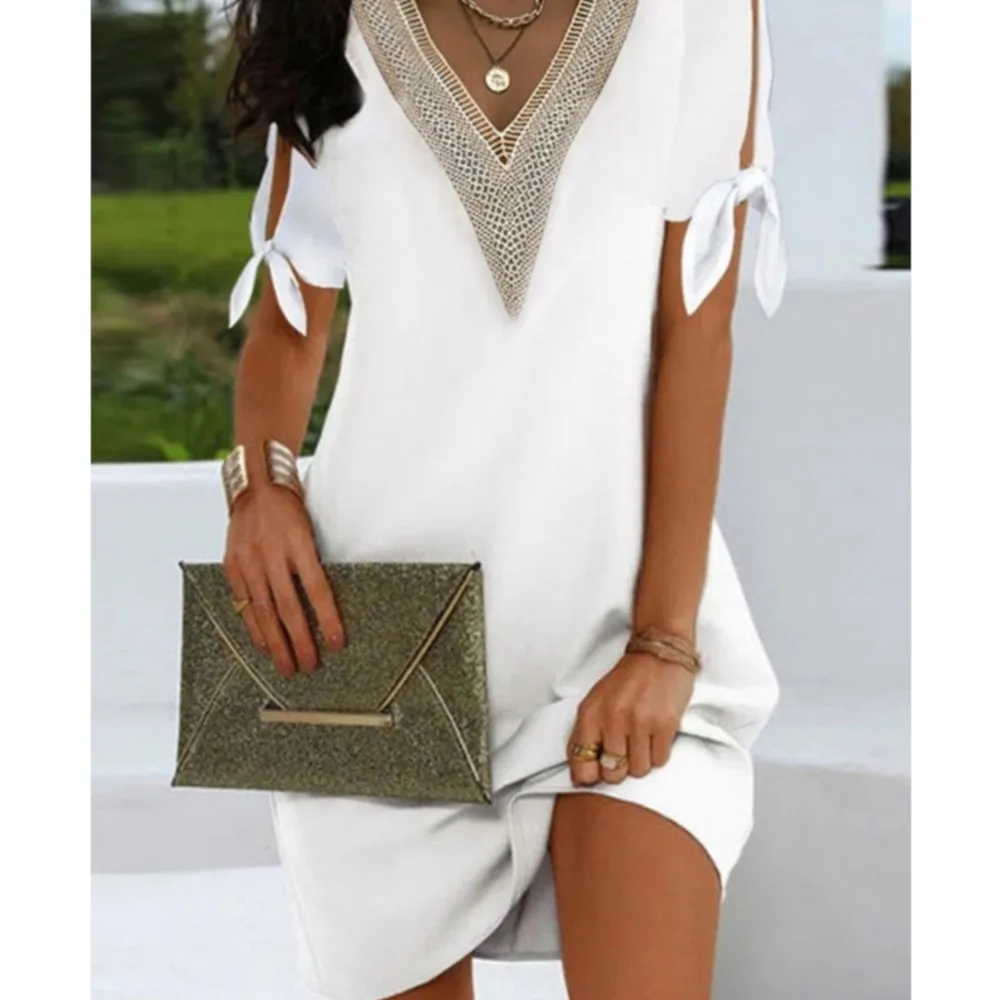 Sommer Einfarbig Spitze Spitze V-ausschnitt Für frauen Kleider Mode Schlitz Bogen Beiläufige Lose Elegante Weibliche Neue Strand Urlaub sommerkleid
