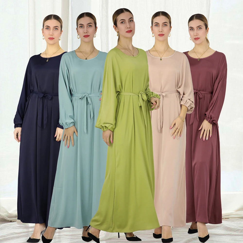 

Muslim Women Plain Maxi Dress Belted Kaftan Abaya Dubai Turkey Robe Eid Mubarak Ramadan Jalabiya Islamic Clothing Gown Caftan