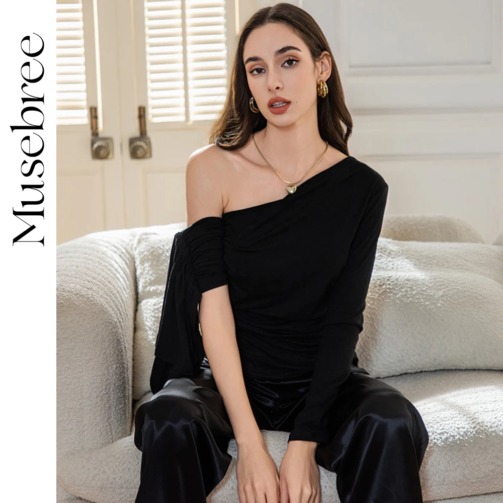 

Musebree Women's Irregular Half Off Shoulder T Shirt Ladies Girls T Shirts Black Slim Casual Tops Spring Women Long Sleeve Top