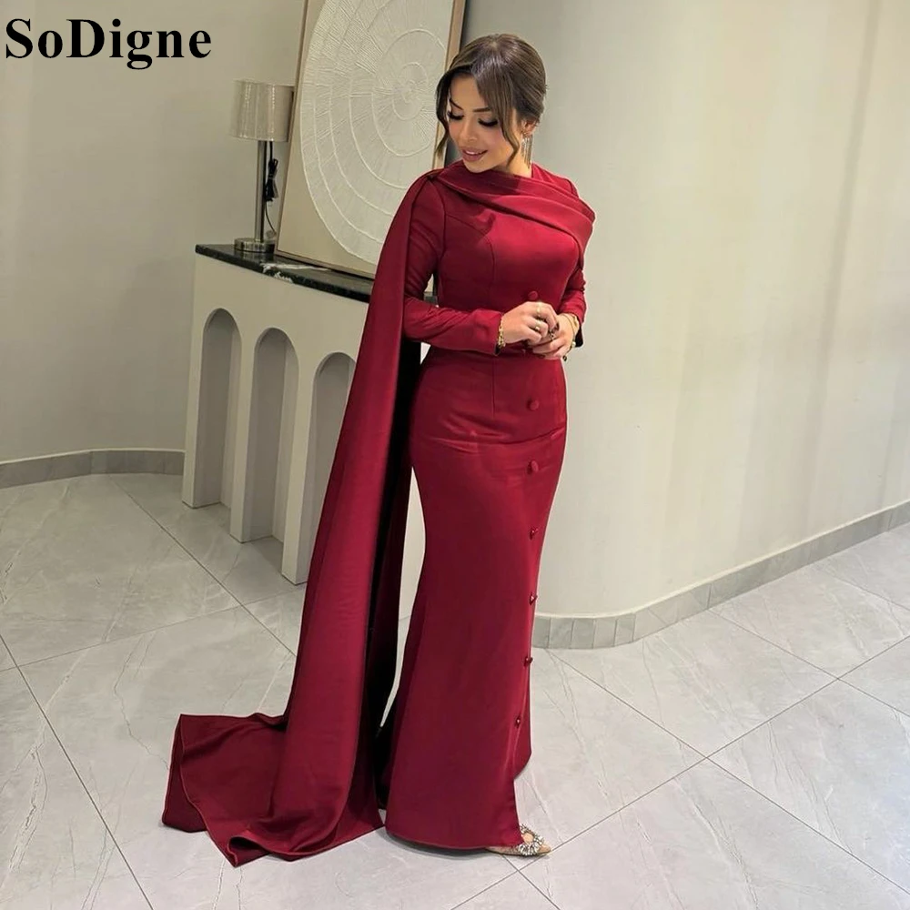 

SoDigne Modest Burgundy Evening Dresses with Cape O-Neck Long Sleeves Mermaid Party Dress Elegant Formal Prom Gowns Customized