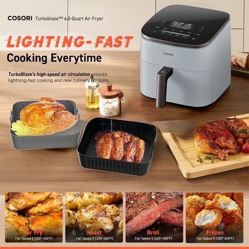 Square Silicone Air Fryer Mat, Reusable, Oven Accessory Kitchen Utensil, Compatible with COSORI 5QT/6QT