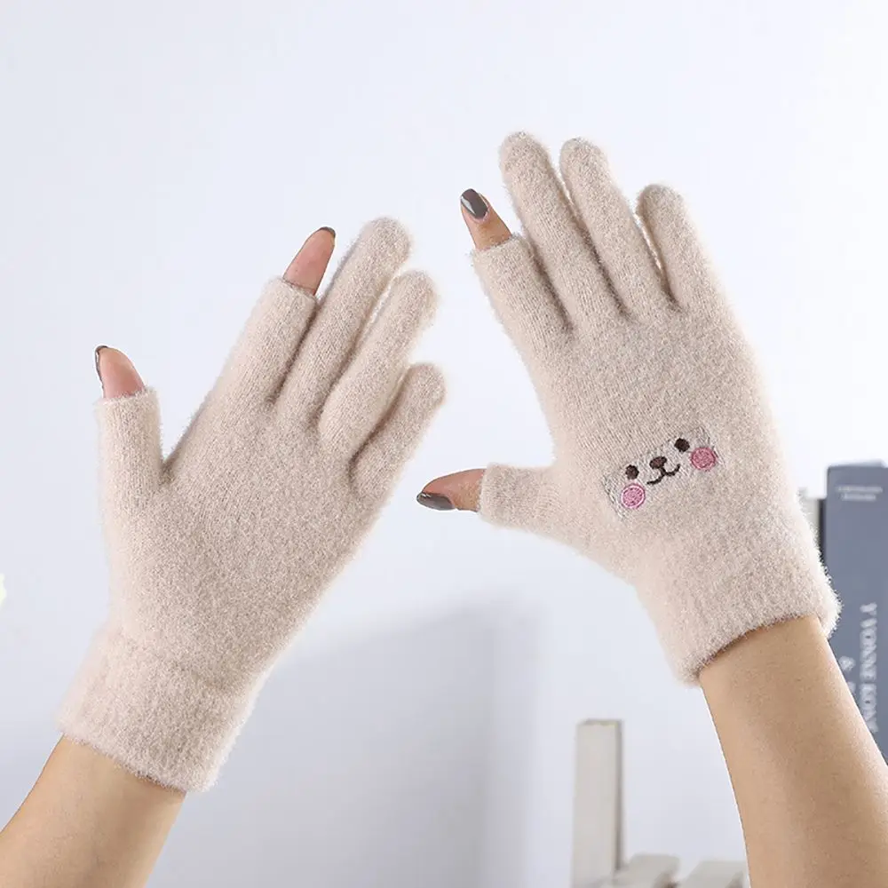 Writing Two-finger Exposed Winter Cashmere Playing Phone Women Smiling Face Gloves Fingerless Gloves Cartoon Knitted Gloves
