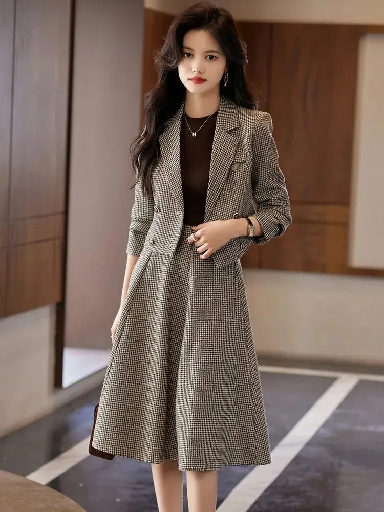 Women's Plaid Midi A Line Skirt Suits, Short Jacket, Coat, Elegant, Vintage, Office, Ladies, Fashion, Autumn, Winter, 2 Pcs Set