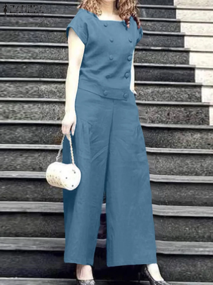 ZANZEA Solid Wide Leg Trousers 2pcs Outfits Women Elegant 2024 Summer Casual Suits Commute Fashion Square Collar Tops Pant Sets