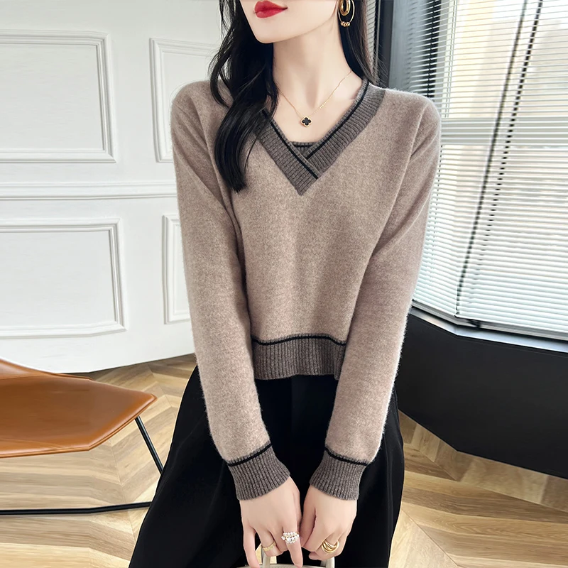 New Autumn Winter Pullover T Shirt V-Neck 100%Pure Cashmere Sweater Women's Long Sleeved Sweater Loose Color Blocking Sweatshirt