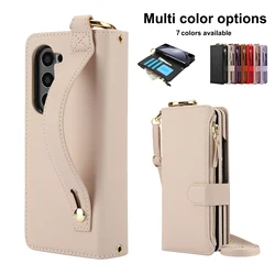 For Samsung Galaxy Z Fold 7 6 5 4 3 Multi Functional Wallet Card Slot Leather Case Wristband Zipper Ring Holder Shockproof Cover