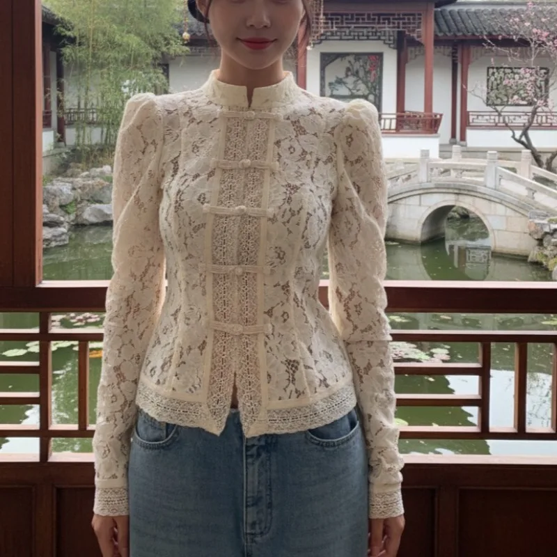 

Tinaa, кружевные футболки в китайском стиле, женские 2021, прямые элегантные топы с застежкой в виде китайской лягушки, тонкая талия, воротник-стойка, длинный рукав