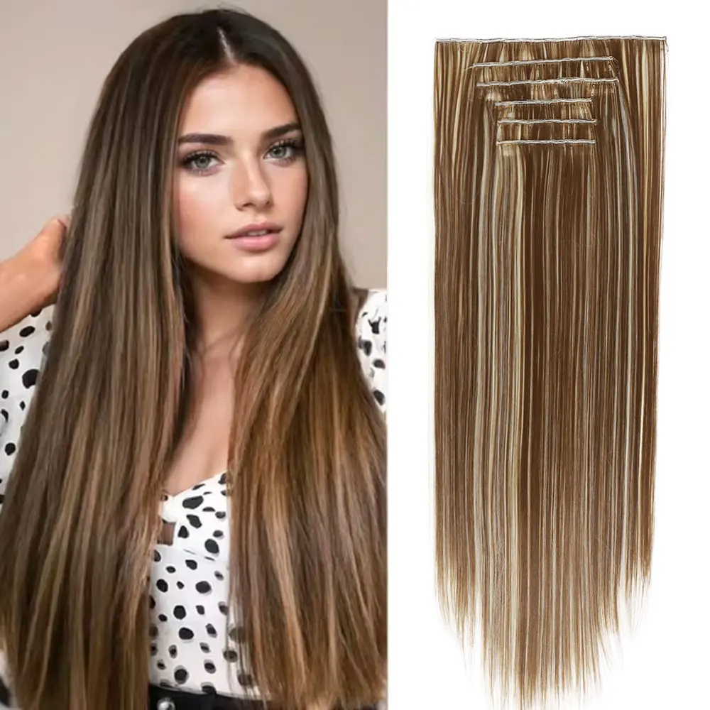 24Inch Synthetic Clip in Hair Extensions Long Straight Clip In Hair Extensions 6Pcs 16Clips Brown Blonde Hairpieces for Women