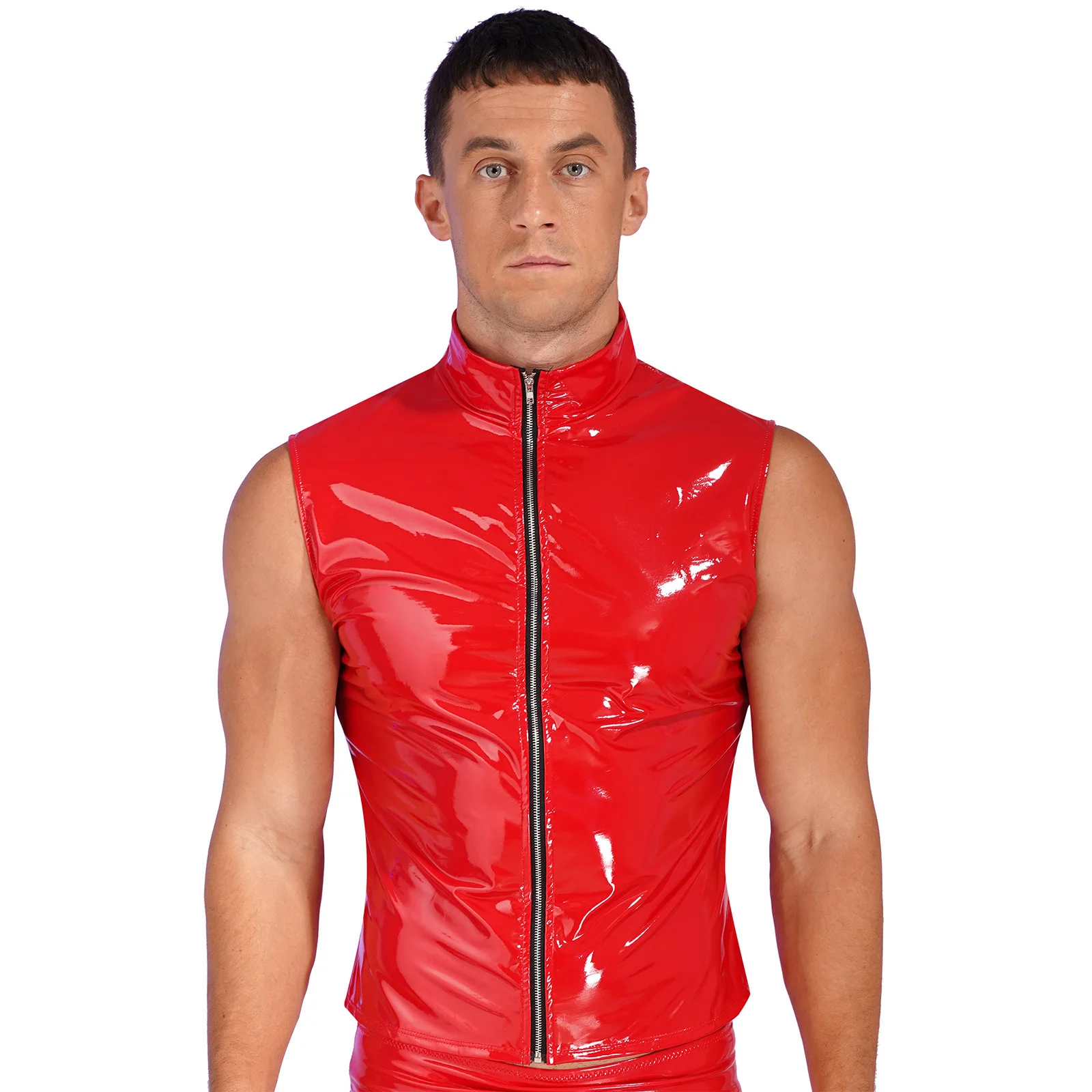 Cool Mens Glossy Patent Leather Tanks Vest Fashion Zipper Sleeveless Jacket Wet Look Stand Collar Vest Tops for Clubwear Party