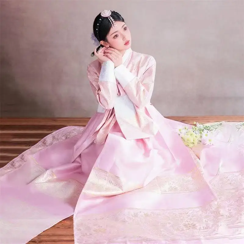Elegant Pink Hanbok Women's Korean Traditional Costume Hot Silver And Gold Plated Yanji Travel Wedding Bride Uniforms Hanboks