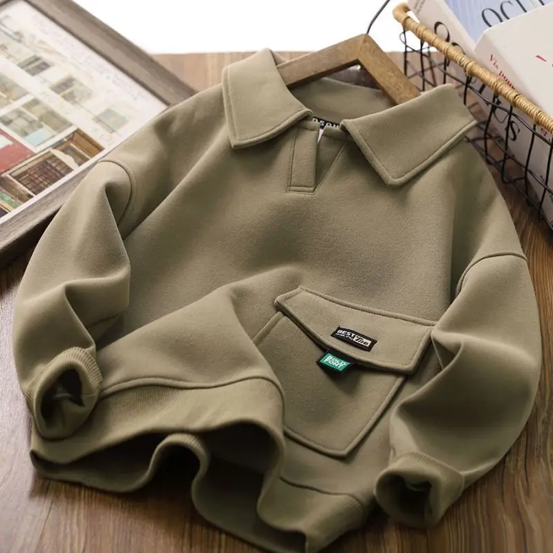 Spring Autumn Sweatshirt Boys Flip Neck Head Pullover Children\'s Casual Fashion Top 2024 New Teenagers Solid Color Clothes 4-14Y