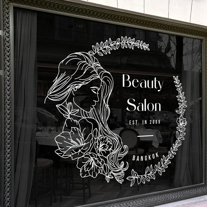 Small, affordable floral wreath hair beauty salon logo decal for shop window or wall display, customizable signage E630