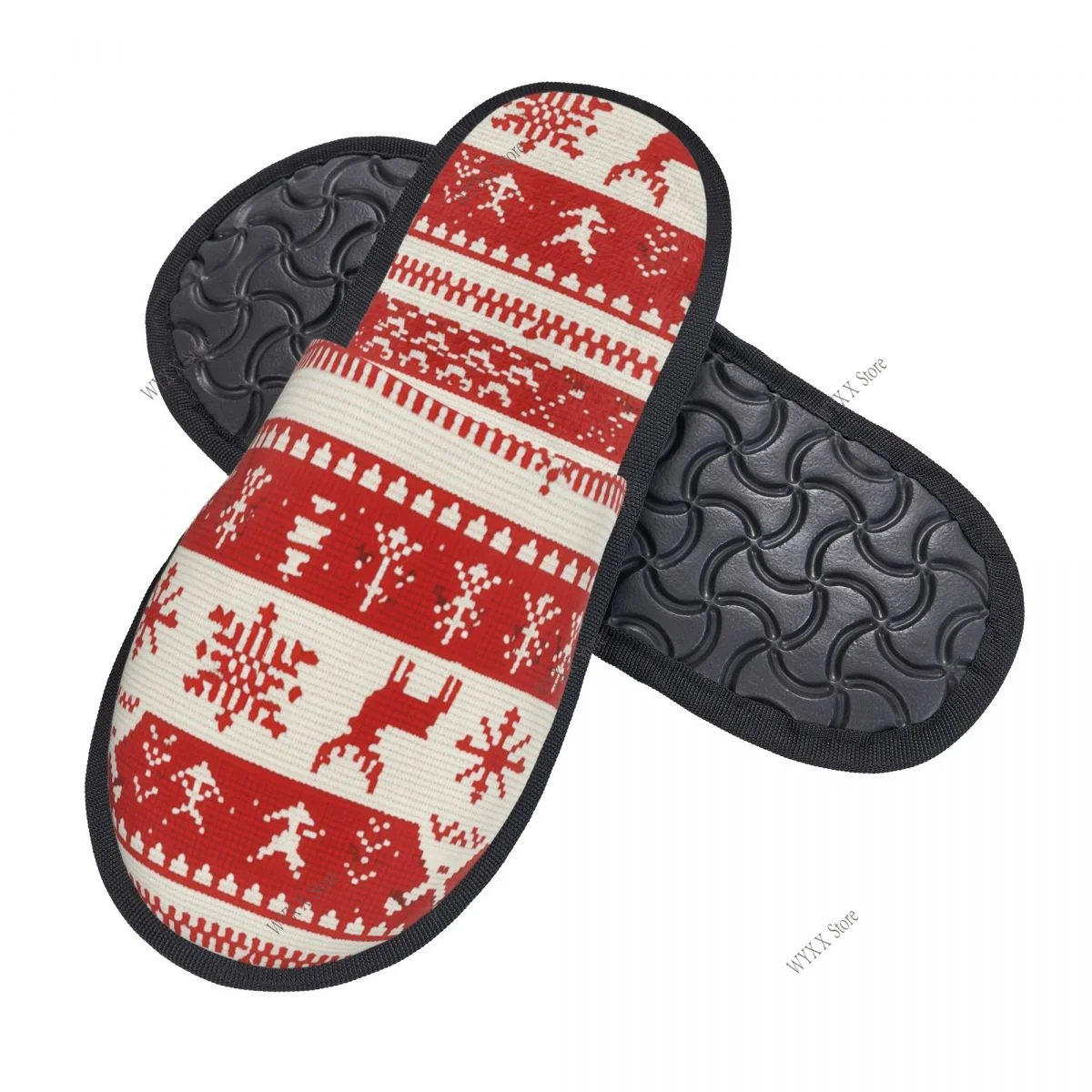 Red White Nordic Christmas With Reindeer Snowflakes Home Slippers Winter Warm Plush Slippers For Winter Soft