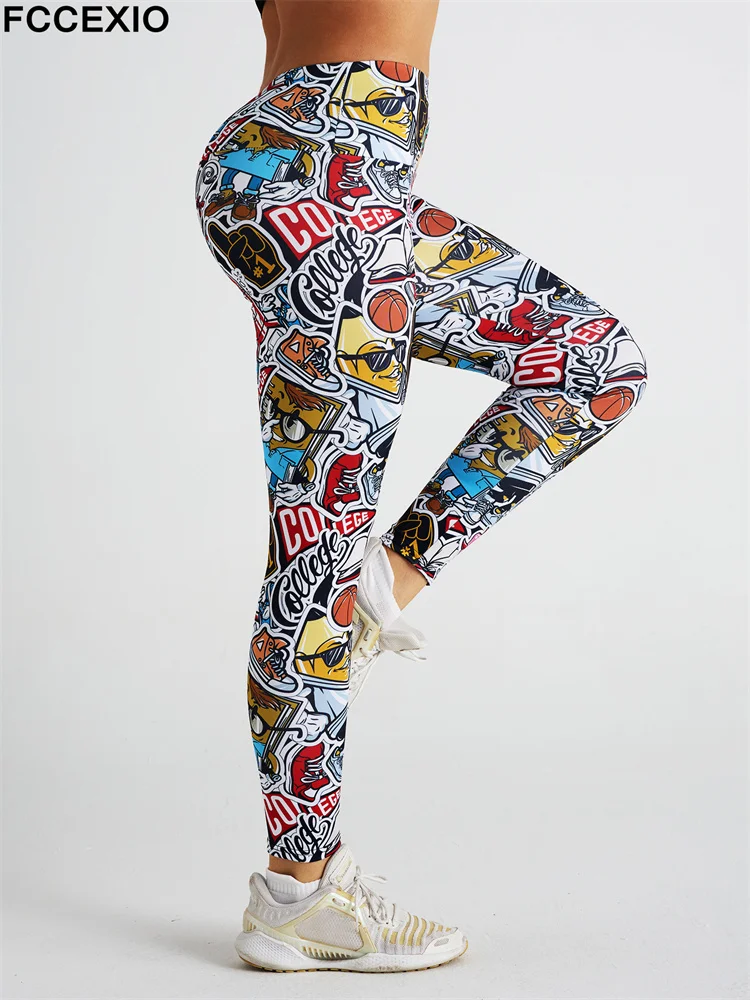 FCCEXIO Cartoon Sticker Letters Print Women Pants Push Up Running Sports Leggings Slim Pants Casual Trousers Fitness Sexy Leggin