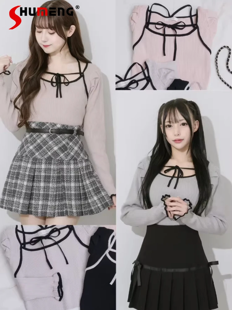 

Японский стиль: Мягкий вязаный свитер-пуловер с длинными рукавами, бантом и шнуровкой, универсальный, для женщин, весна 2026