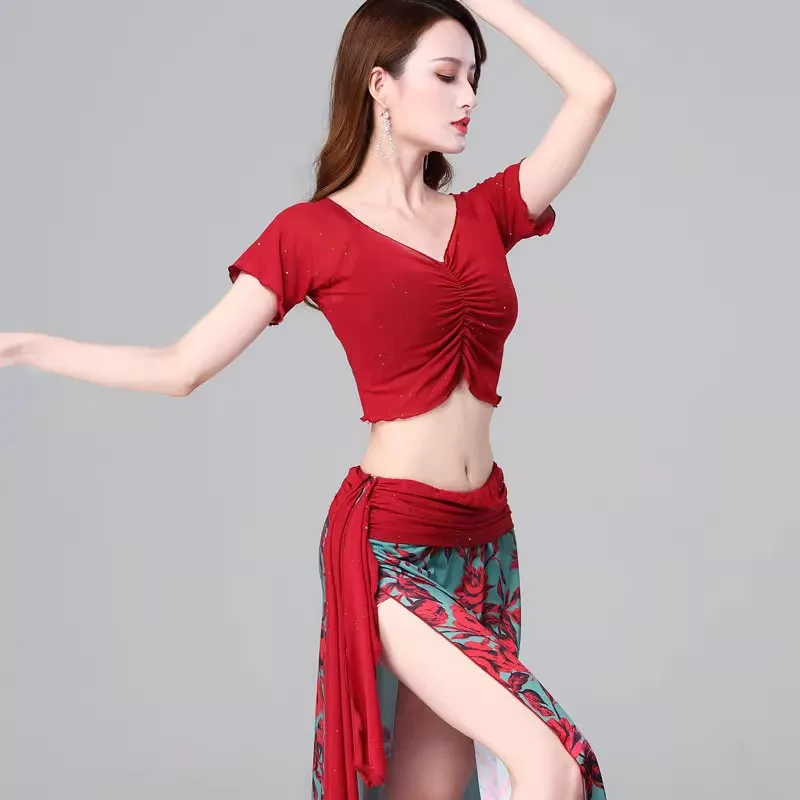 Trajes de dança do ventre personalizados, novo roupa moderna para prática de dança oriental, umbigo exposto, top curto